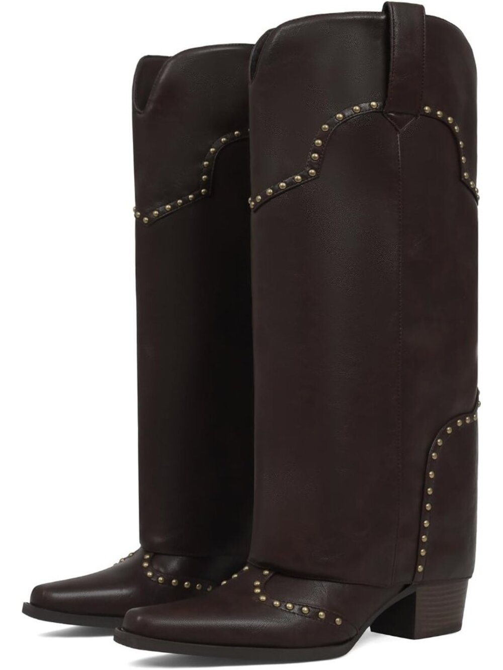 Women's Chocolate Fold Over Knee High Chunky Heel Studded Snip Toe Shark Boots